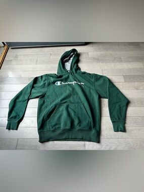 Men’s Green Champion Pullover Hooded Hoodie Script Logo Fleece Sweatshirt Medium